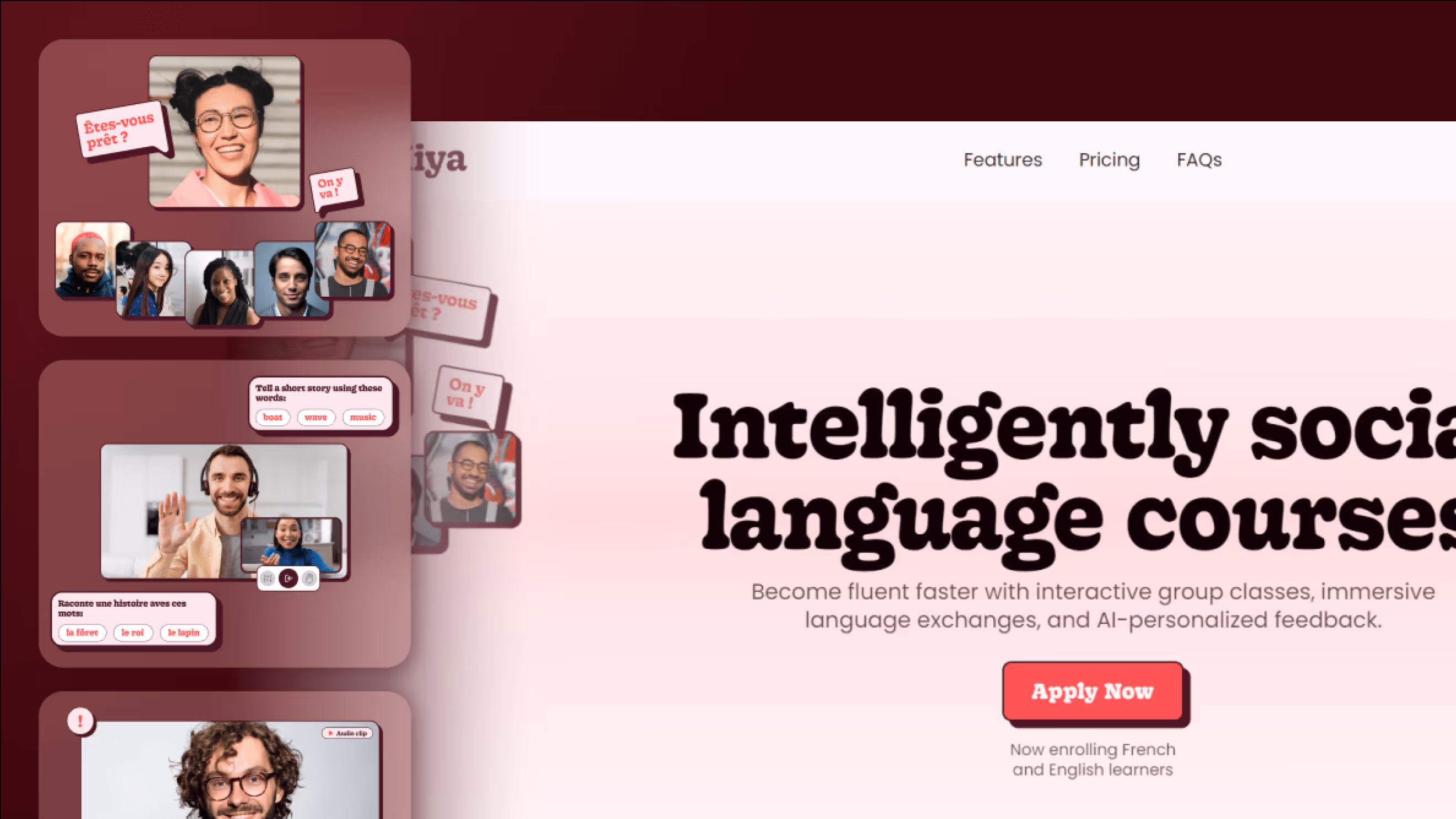 A preview of the Hiya website, highlighting the hero section and 3 custom graphics which demonstrate how online classes work.