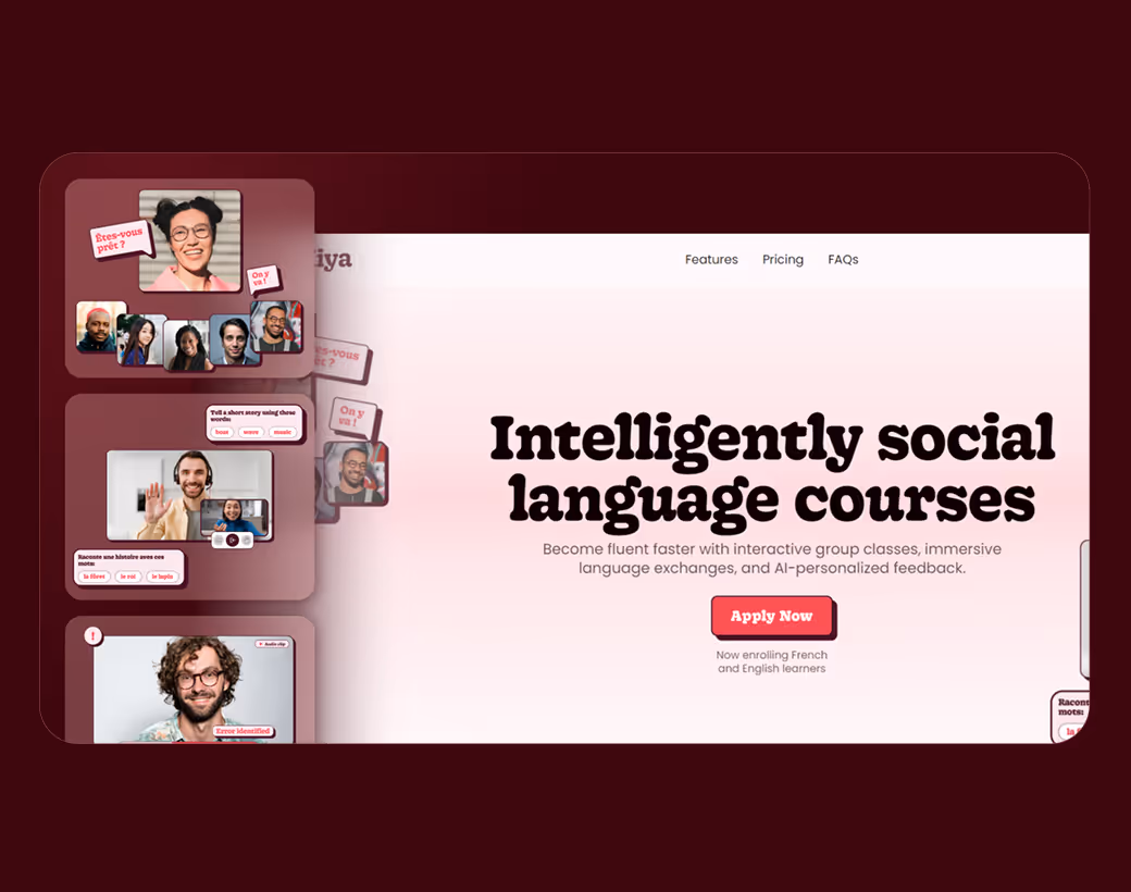 A preview of the Hiya website, highlighting the hero section and 3 custom graphics which demonstrate how online classes work.