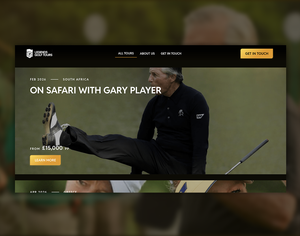 A preview of the website I designed and developed for Legends Golf Tours, featuring Gary Player's tour