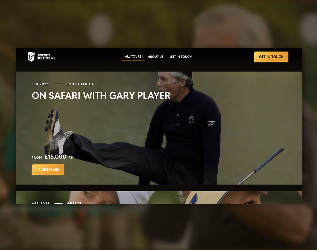 A preview of the website I designed and developed for Legends Golf Tours, featuring Gary Player's tour